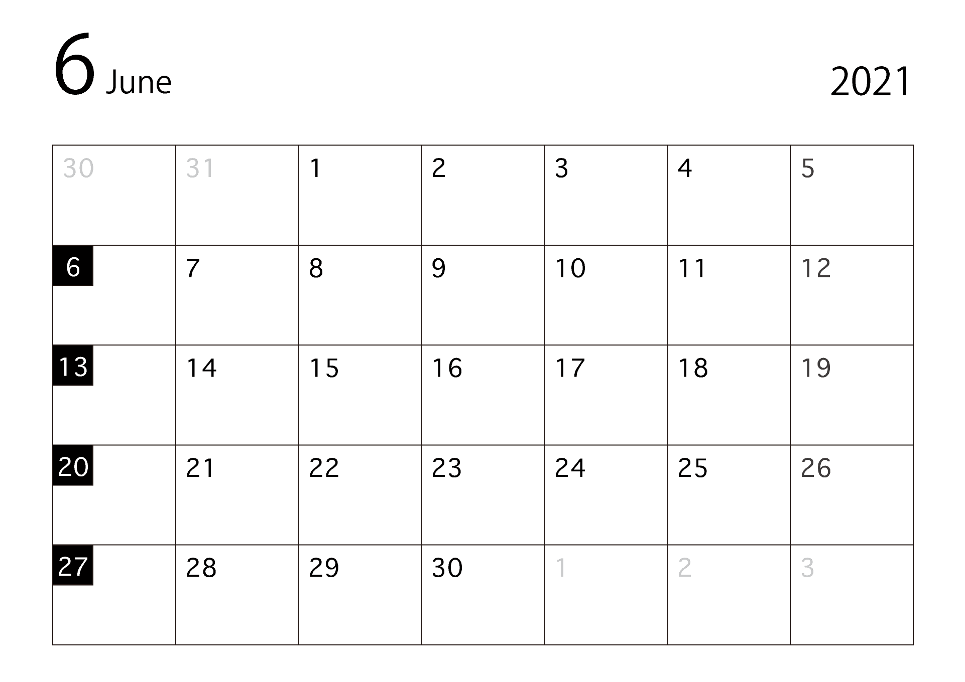 2021年6月カレンダー(白黒)