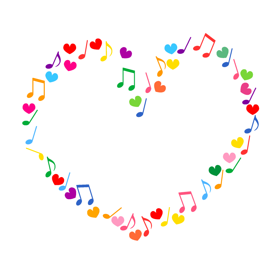 Colorful hearts and heart marks of musical notes