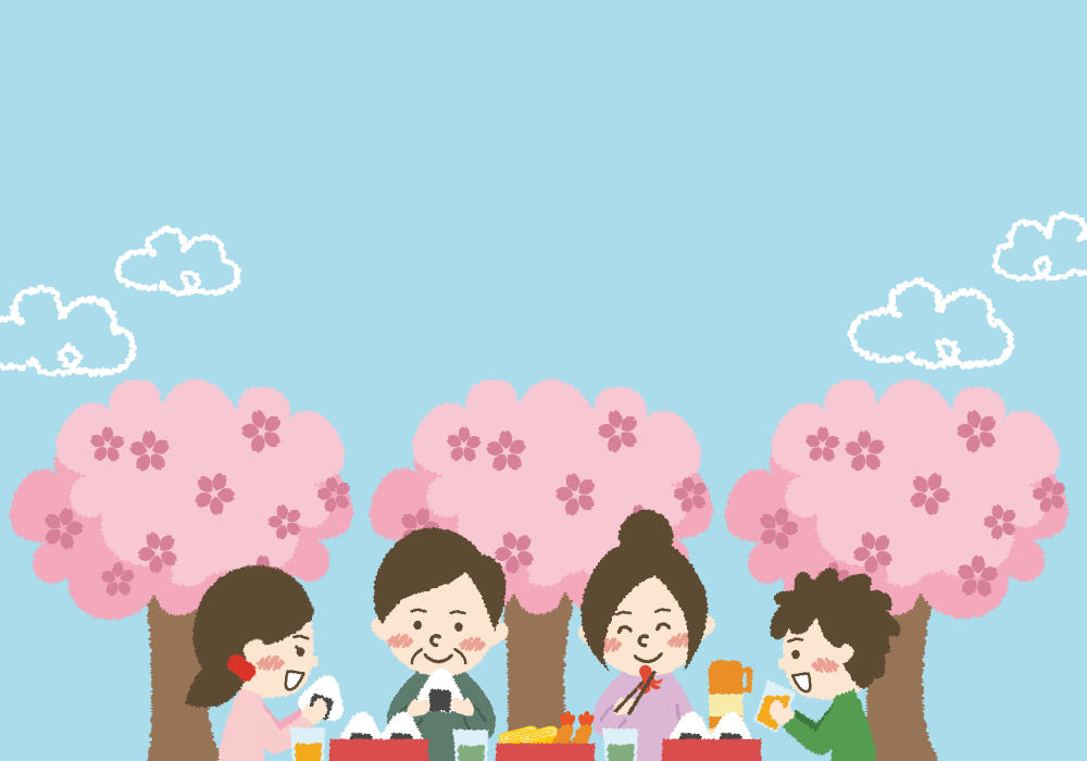 家族-親子のお花見の背景イラスト／春
