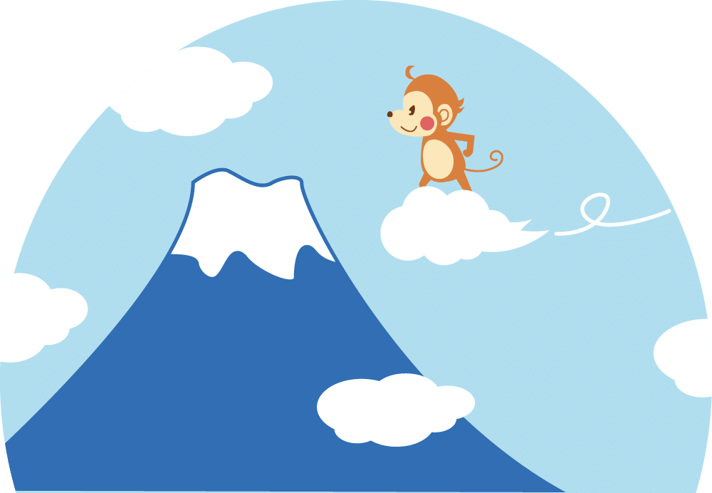 かわいい猿-年賀状-富士山の上を飛ぶ