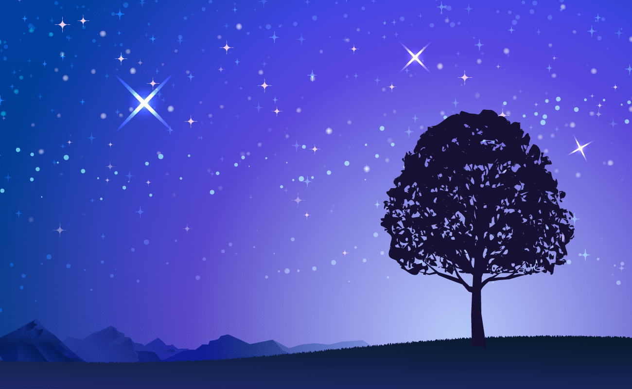 1本の木と神秘的な綺麗な夜空 背景 青 ブルー イラスト素材 超多くの無料かわいいイラスト素材
