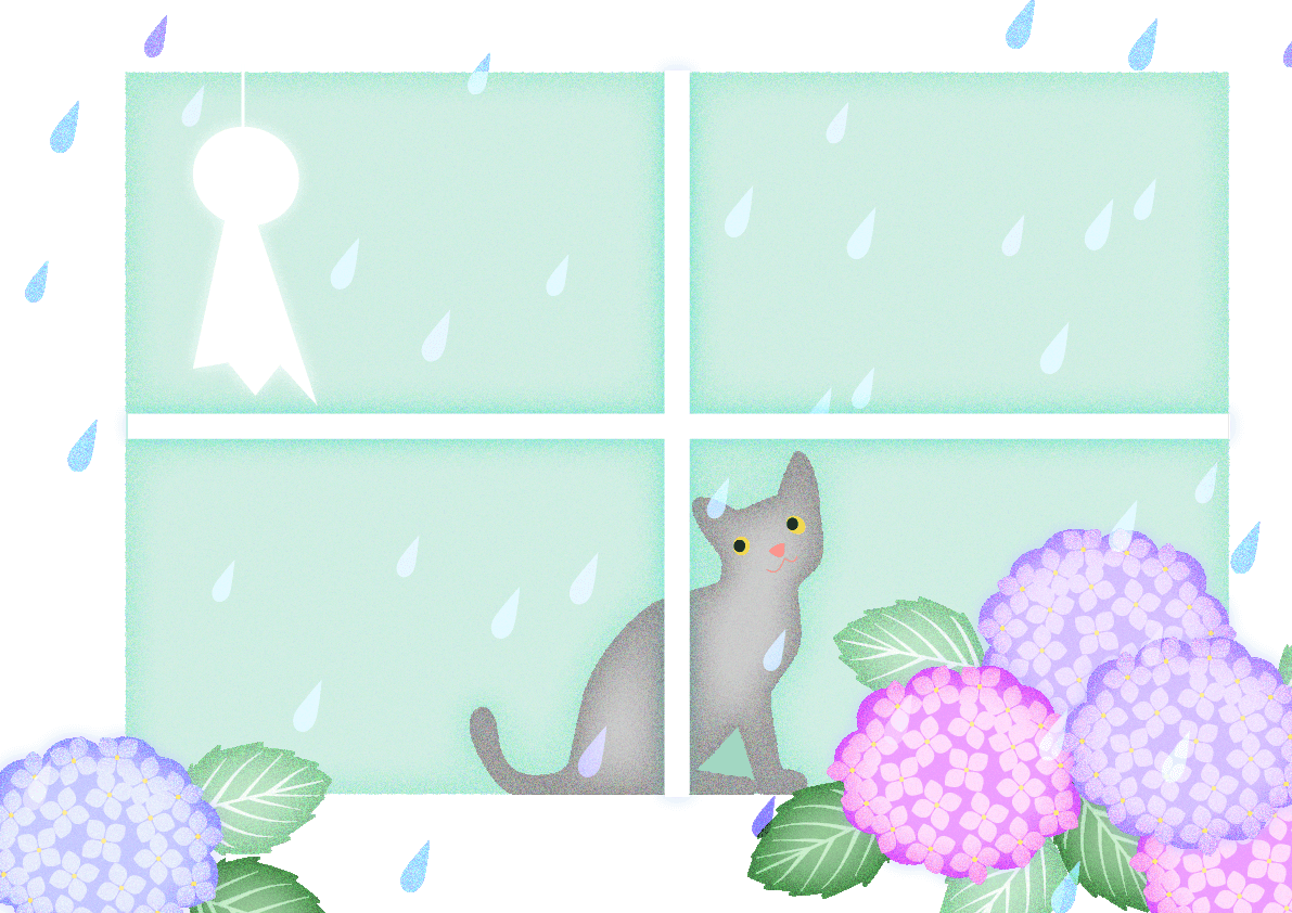 雨降る窓際てるてる坊主とアジサイを眺める猫の背景イラスト 梅雨 イラスト素材 超多くの無料かわいいイラスト素材