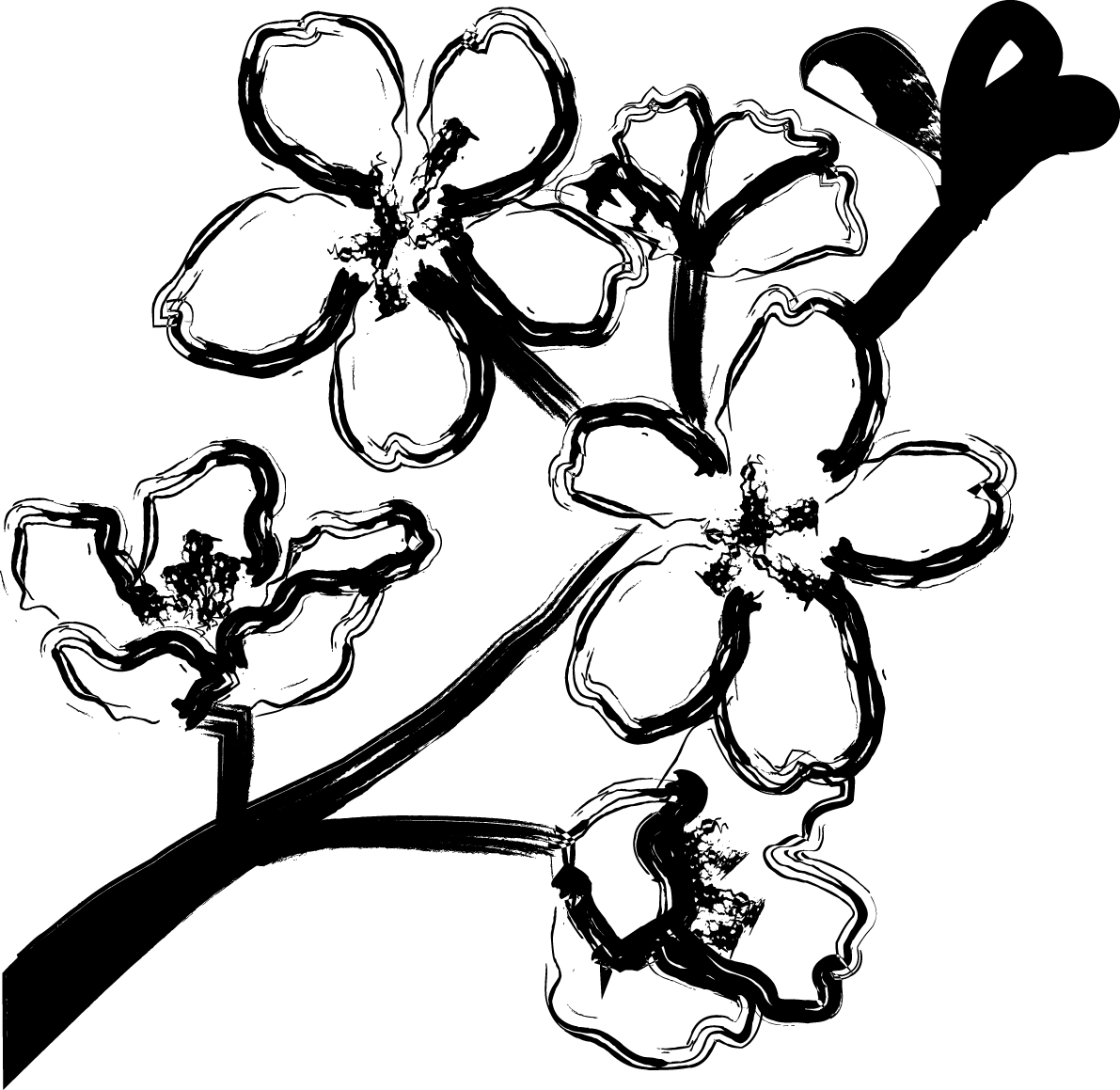 白黒の桜和風イラスト おしゃれ 筆描き風の枝と花びら イラスト素材 超多くの無料かわいいイラスト素材