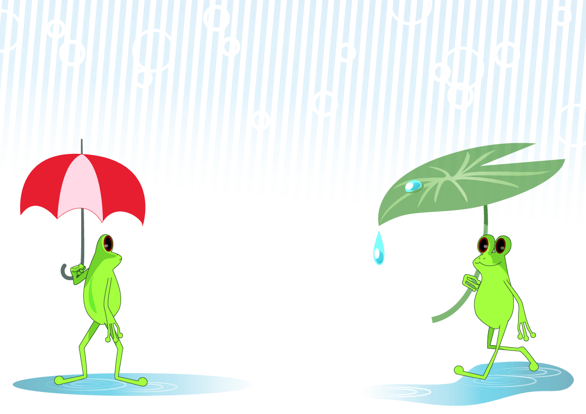 傘をさすカエルのおしゃれかわいい背景イラスト／梅雨