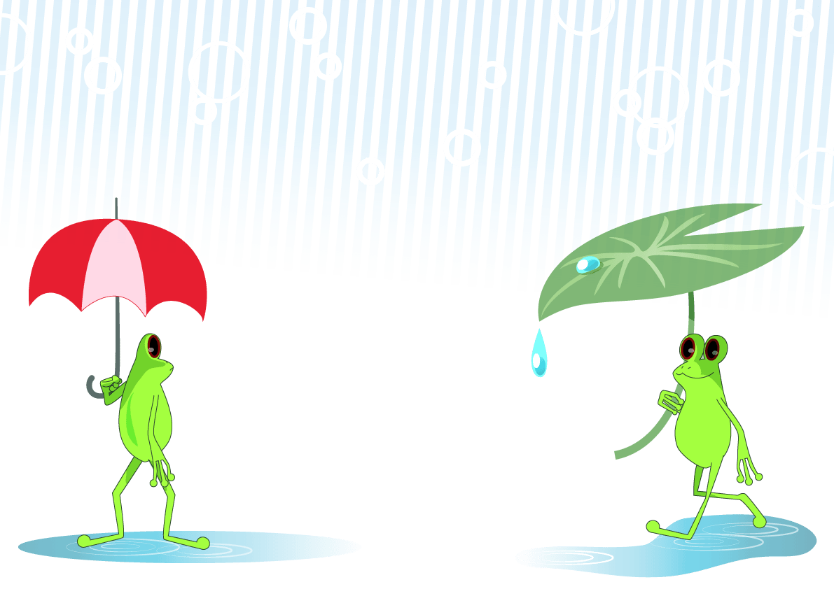 傘をさすカエルのおしゃれかわいい背景イラスト／梅雨」イラスト素材 