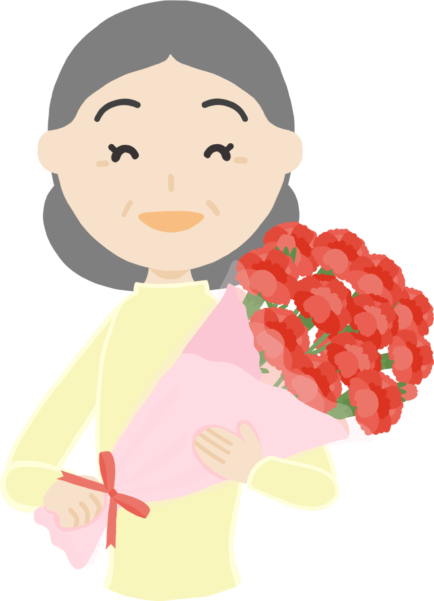 母の日 お母さん高齢者70歳代 カーネーション花束を持つフリー イラスト素材 超多くの無料かわいいイラスト素材