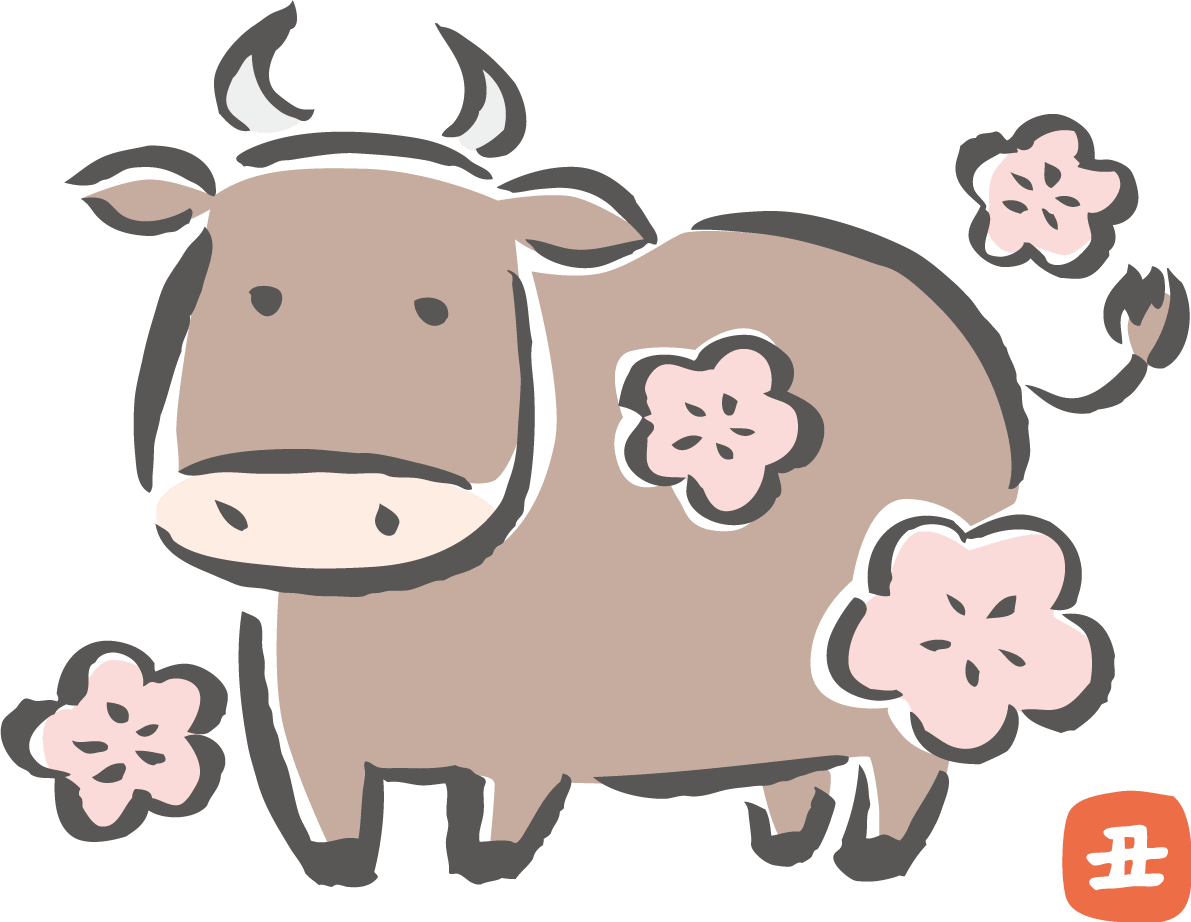 筆描き風-牛と梅の花-かわいい2021-丑年