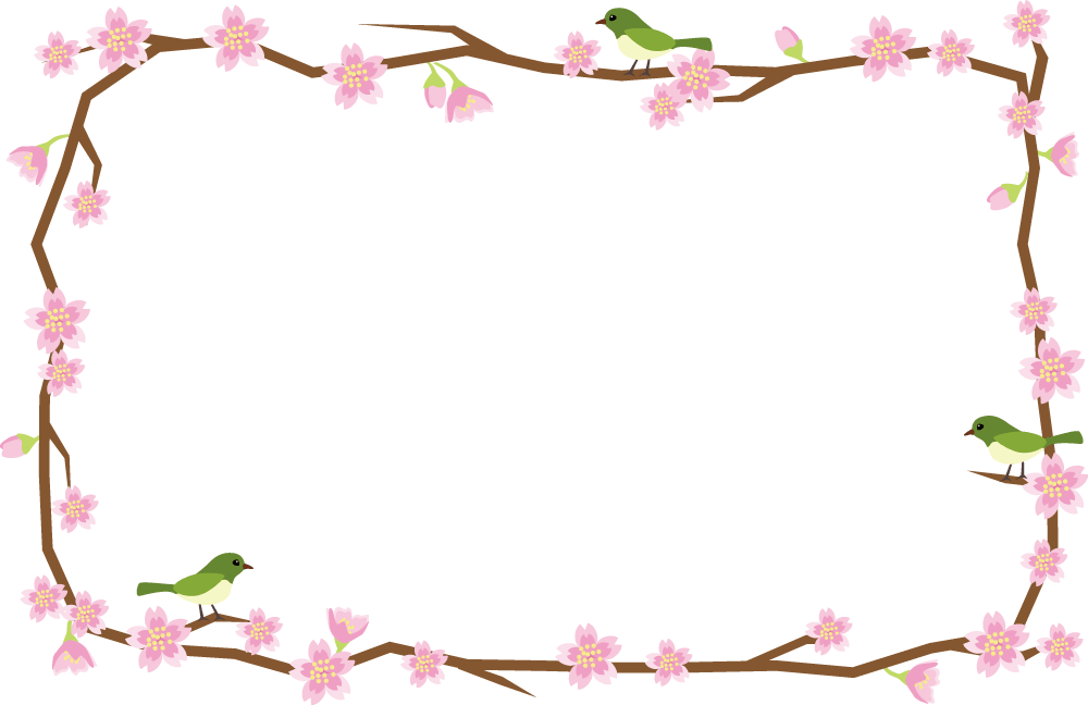 桜の枝とうぐいす枠のフレームイラスト-春