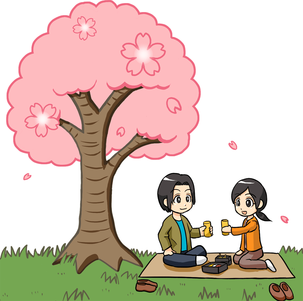 在樱花树下赏花的男性和女性