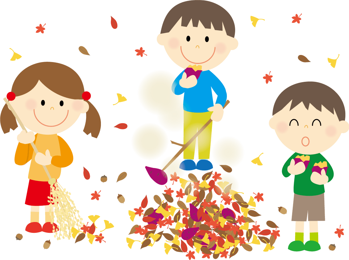 落ち葉を山にして、焼き芋をしている子供たち-秋