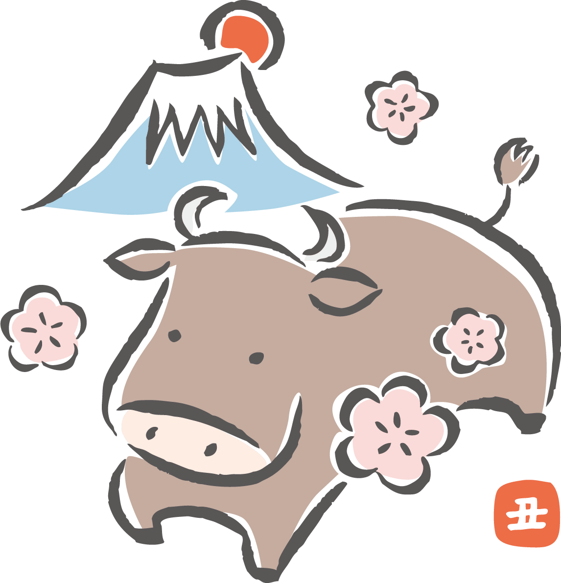 笔画风牛、富士山和梅花可爱2021丑年