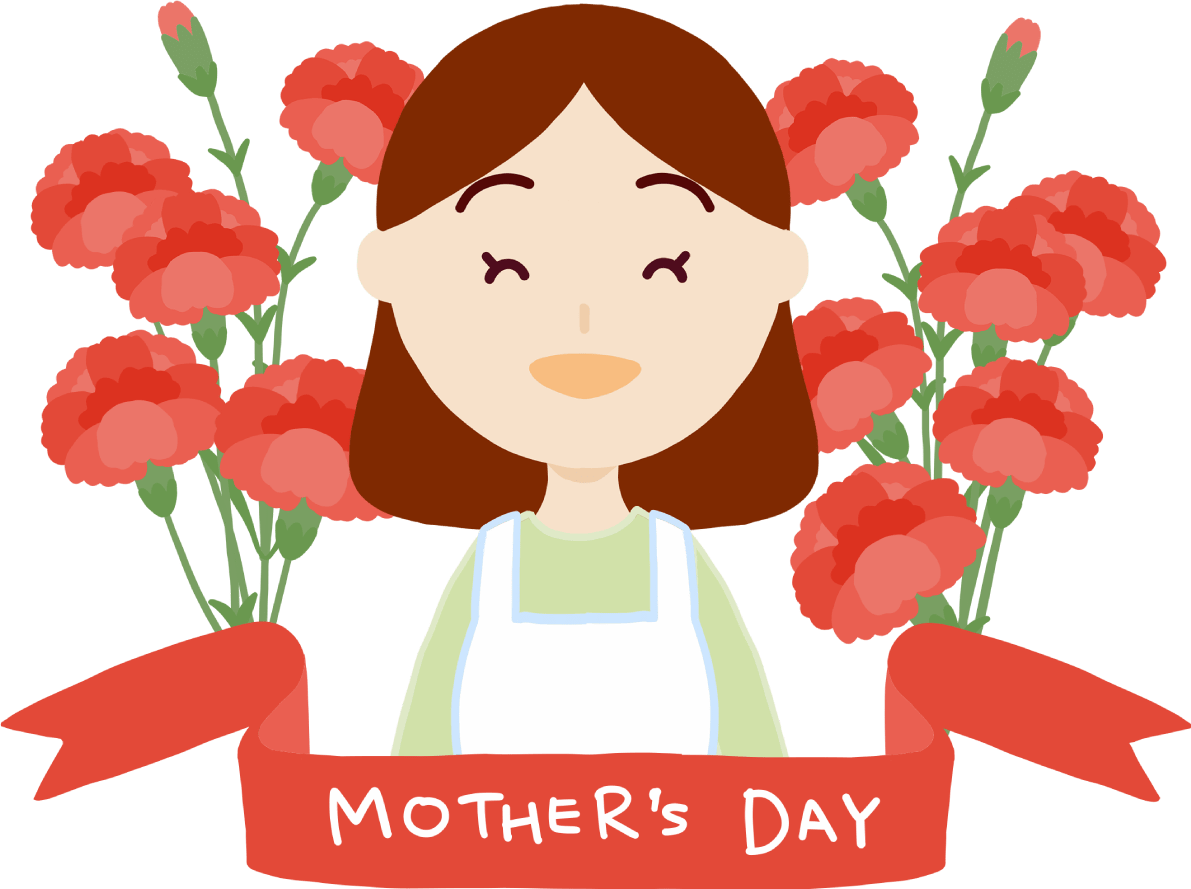 康乃馨花束、妈妈和红丝带母亲节标题