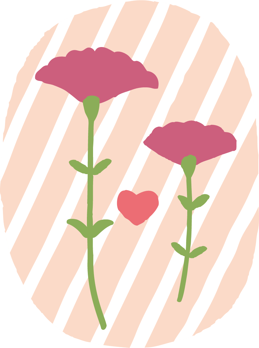 Two cute carnation illustrations and a heart in an ellipse