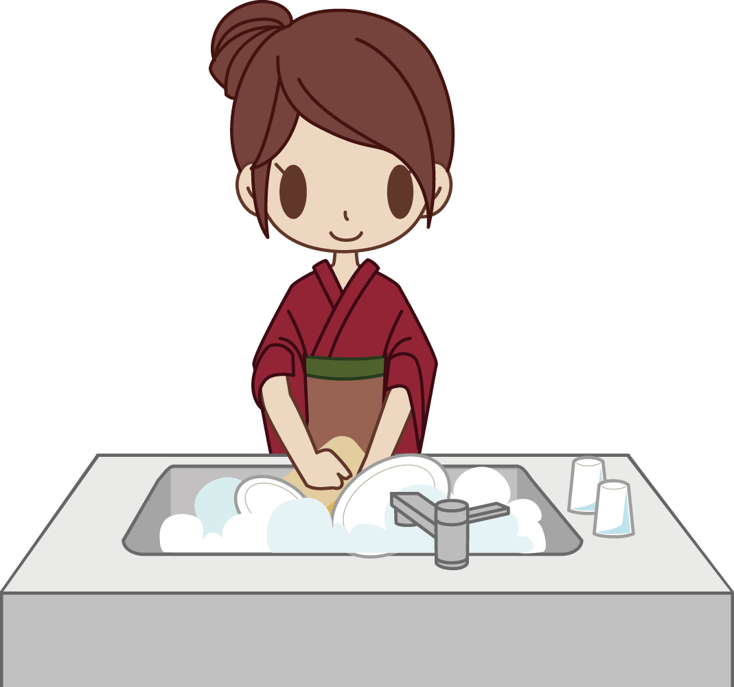 和食屋の女性がお皿を洗う