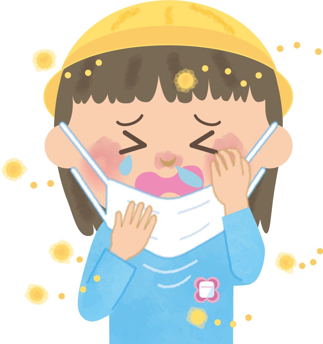 女孩(幼儿园儿童)花粉症插图(口罩打喷嚏鼻涕眼睛发痒)