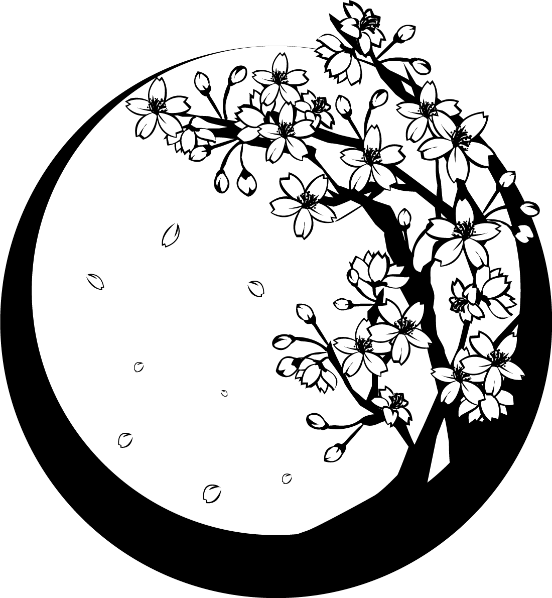白黒の桜の木和フレームイラスト／春