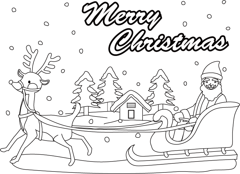 クリスマス-サンタとトナカイと森のぬりえ(線画)