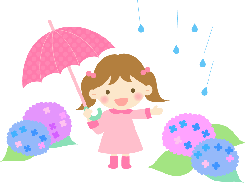 ピンクの傘をさす女の子と紫陽花