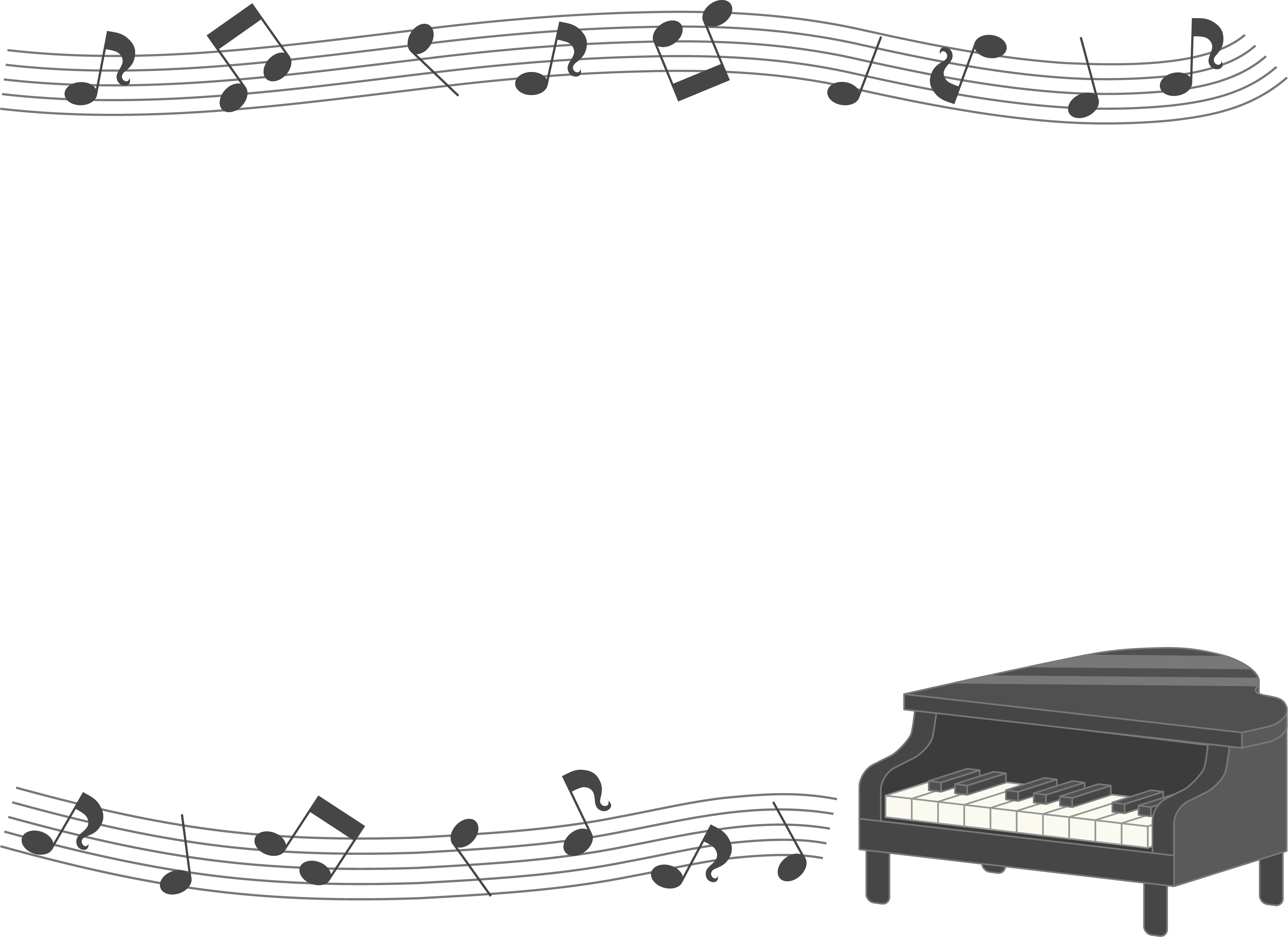 グランドピアノと五線譜と音符の上下白黒フレーム飾り枠 イラスト素材 超多くの無料かわいいイラスト素材