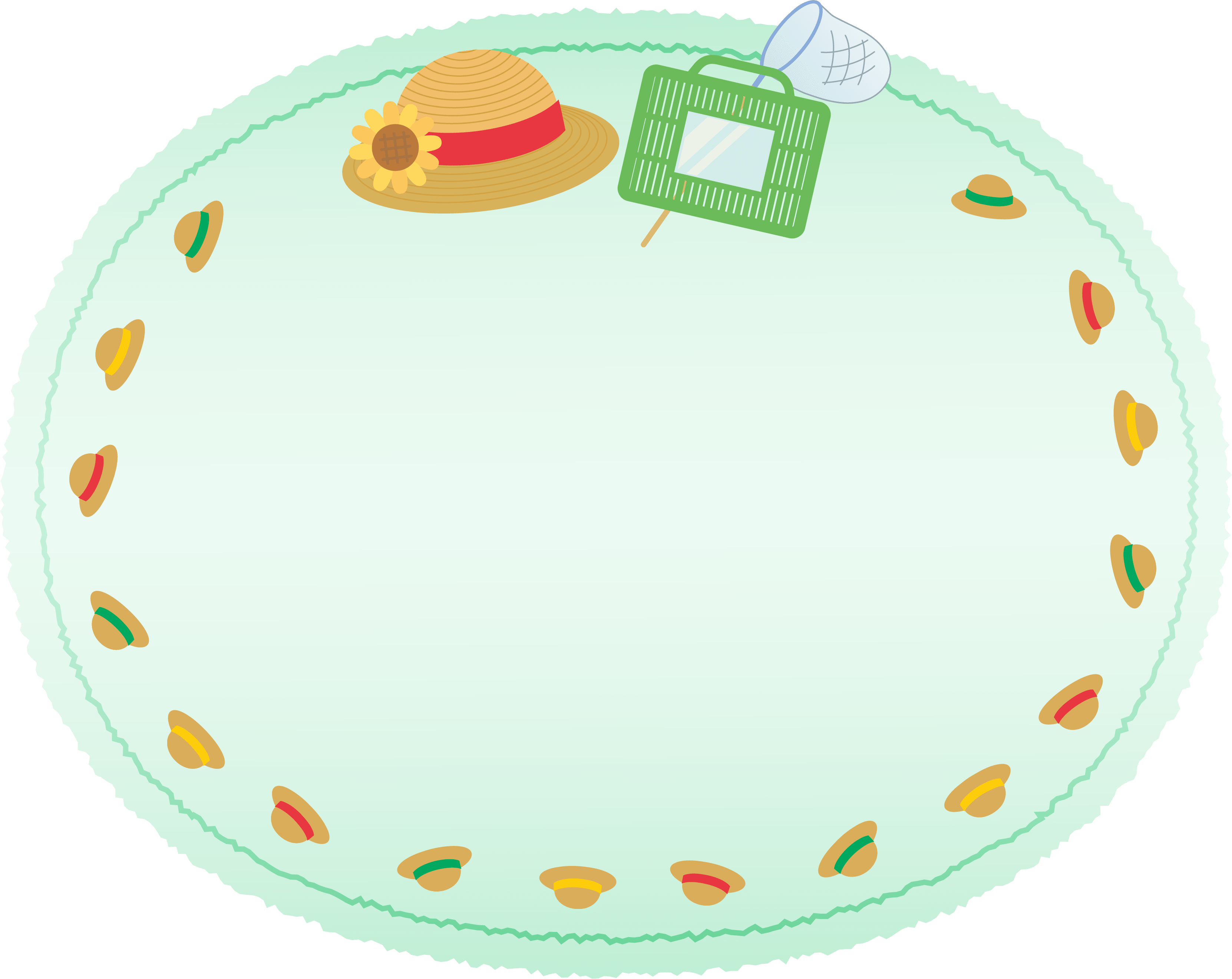 麦わら帽子と虫取りかごの紙風緑色フレーム飾り枠