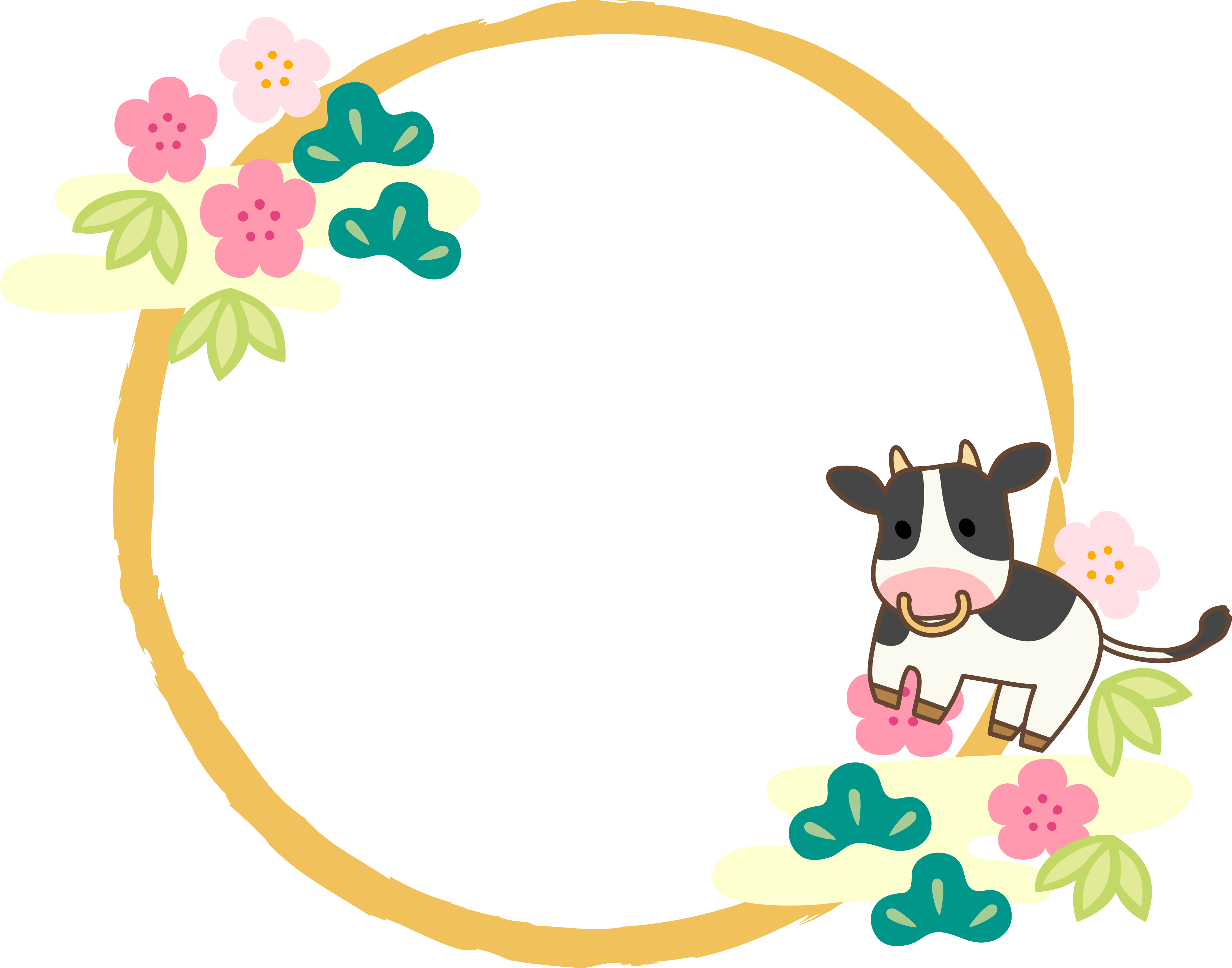 牛、松竹梅和笔画的圆形新年装饰框