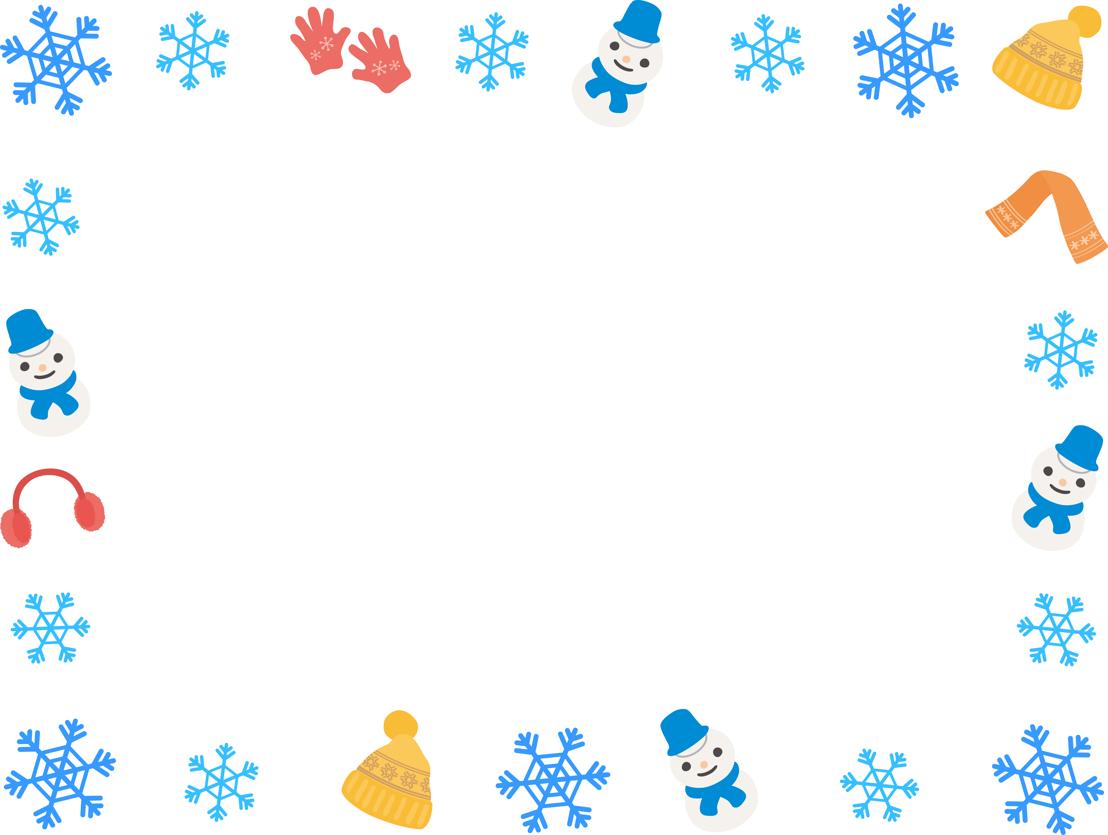 雪の結晶と冬の小物-雪だるまの囲みフレーム飾り枠