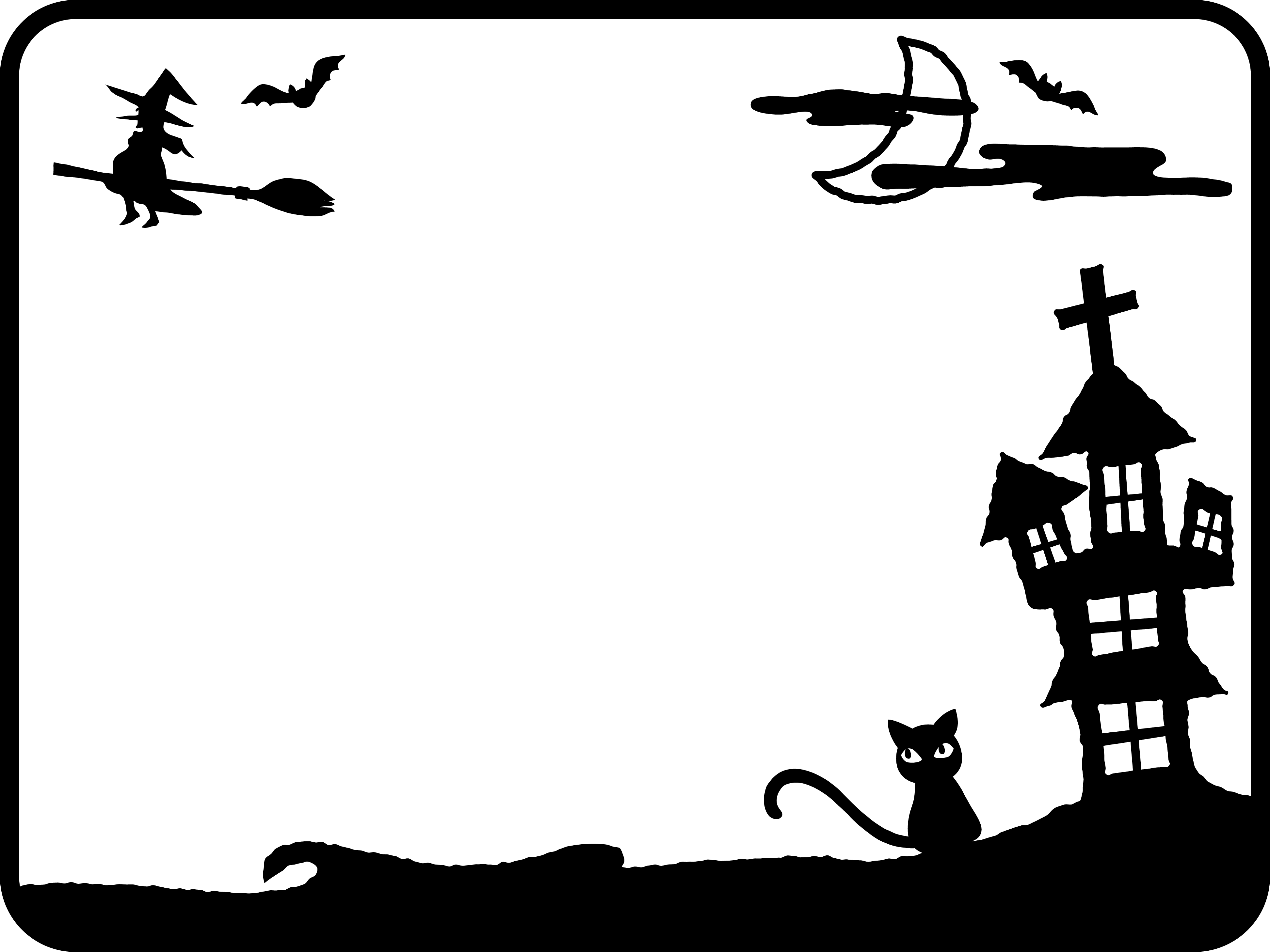 万圣节月亮、城堡和魔女(黑白装饰框)