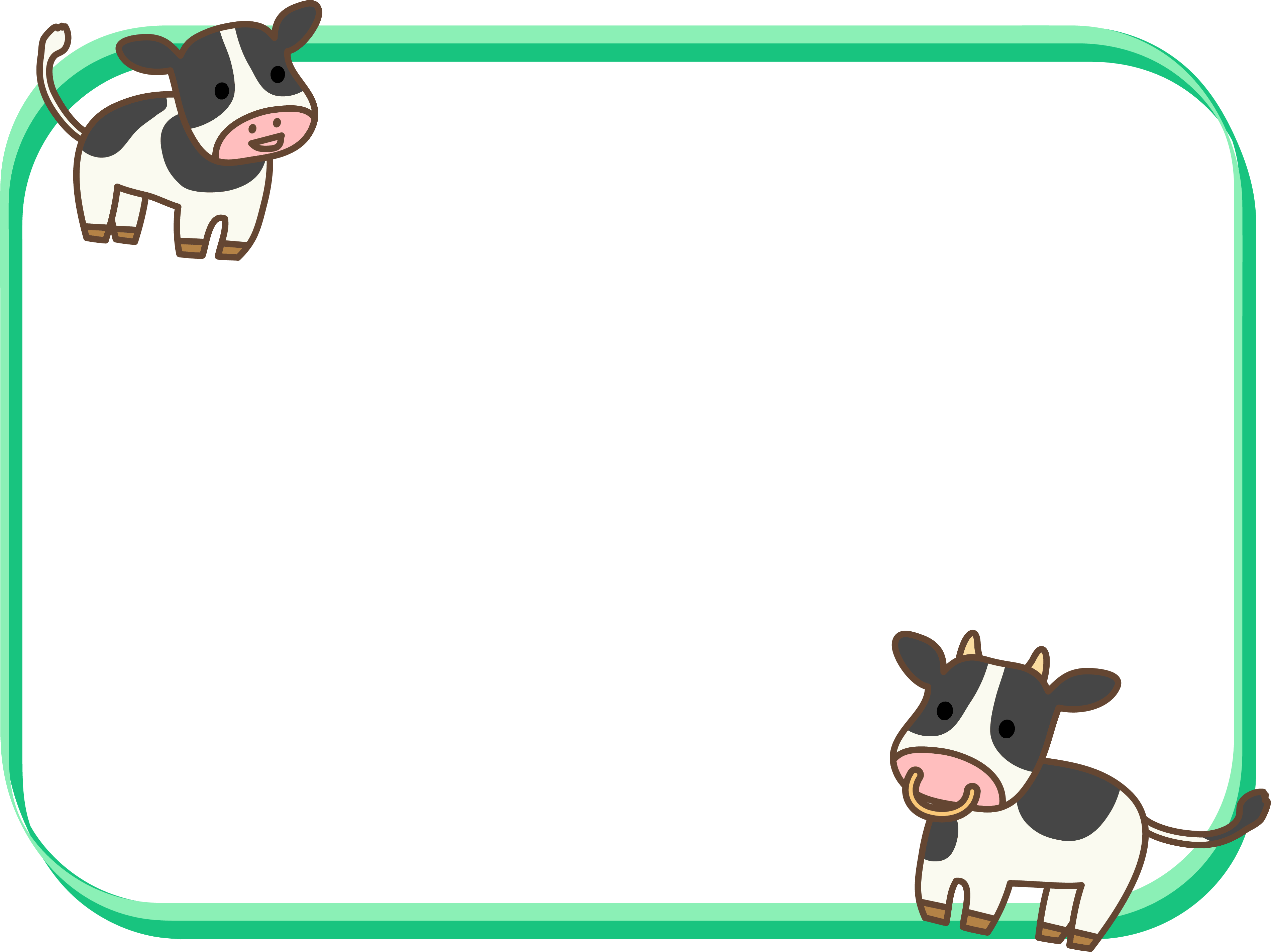 2頭のかわいい牛と緑色の四角フレーム飾り枠