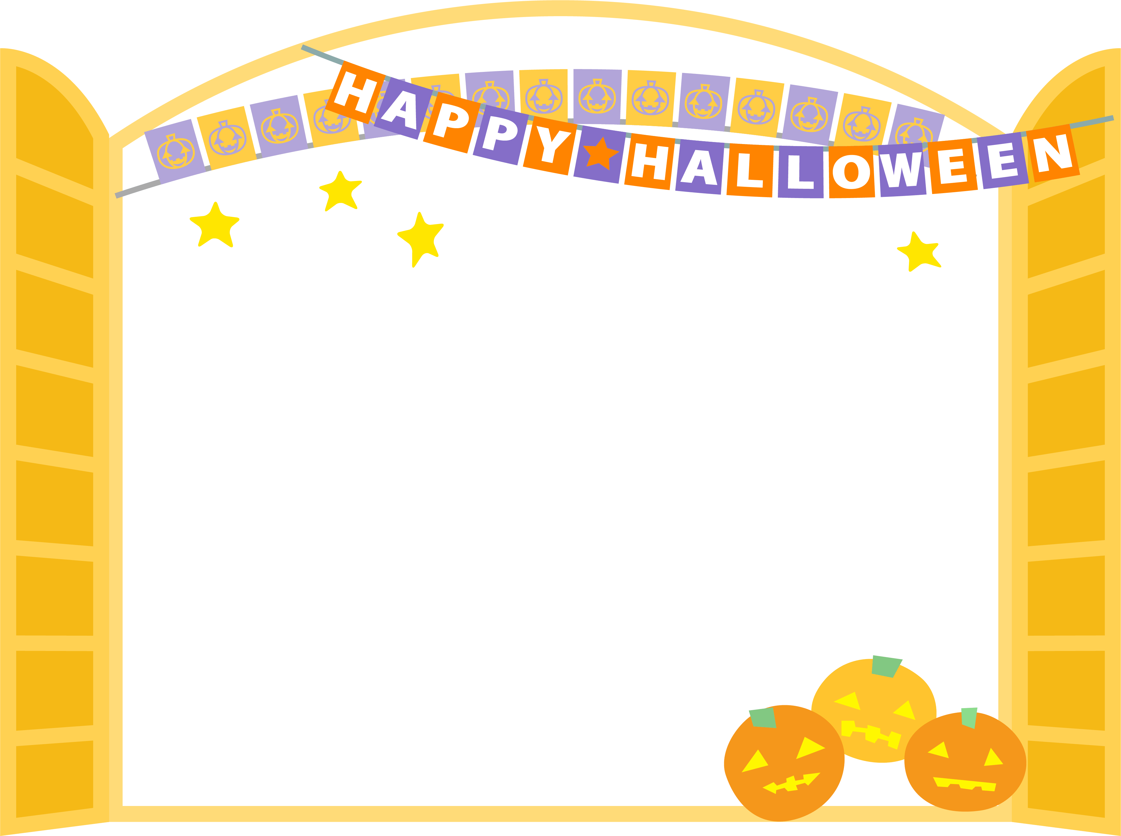 ハロウィン-フラッグガーランドとオレンジ色の窓のフレーム飾り枠