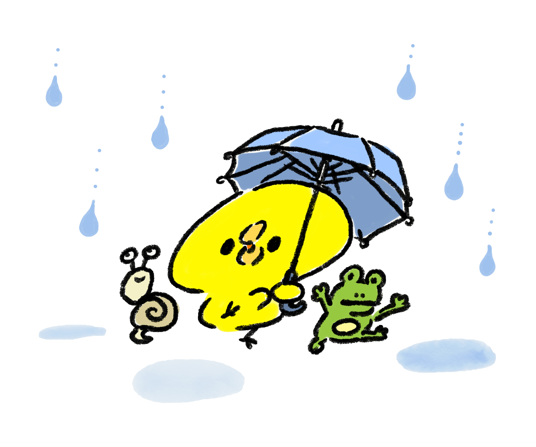 雨降りの中おどるひよことカエルとカタツムリ
