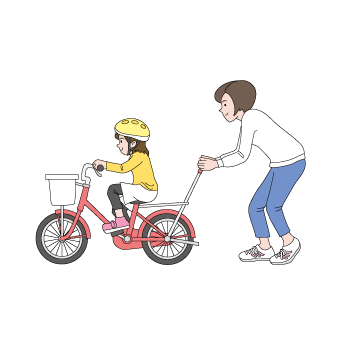 自転車の練習をするママと娘