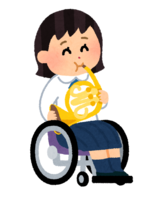 Student playing the horn (wheelchair brass band)