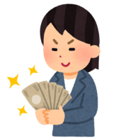 A woman staring at money and grinning