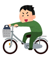 荷台に乗って自転車を運転する人