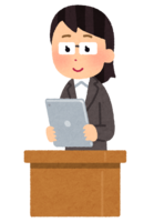 Teacher (female) using a tablet on the podium