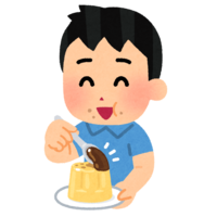 Child eating pudding caramel