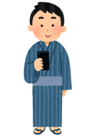 A person wearing a yukata using a smartphone (male)