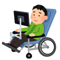 A person in a wheelchair who uses a computer for line-of-sight input