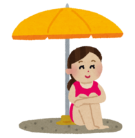 Woman sitting in the shade of beach umbrellas