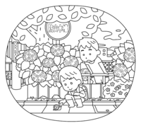 Hydrangea and girls and boys coloring pages
