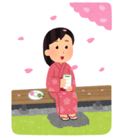 A person (female) who sees cherry blossoms on the porch