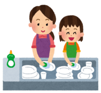 Mom and girl washing dishes