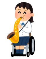 Student playing saxophone (wheelchair brass band)