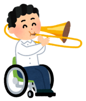 Student playing trombone (wheelchair brass band)