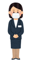 A person in a suit wearing a mask (female)