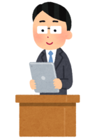 Teacher (male) using a tablet on the podium