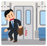 A person with a bag caught in the train door