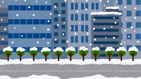 雪が降るオフィス街-ビル街(背景素材)