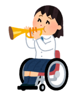 Student playing the trumpet (wheelchair brass band)