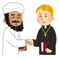 握手をするイスラム教徒とキリスト教徒